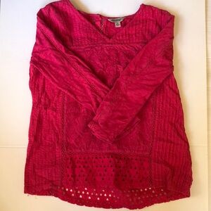 Lucky Brand Raspberry Red V-neck Top Pintucked & Embroidered Front size Small